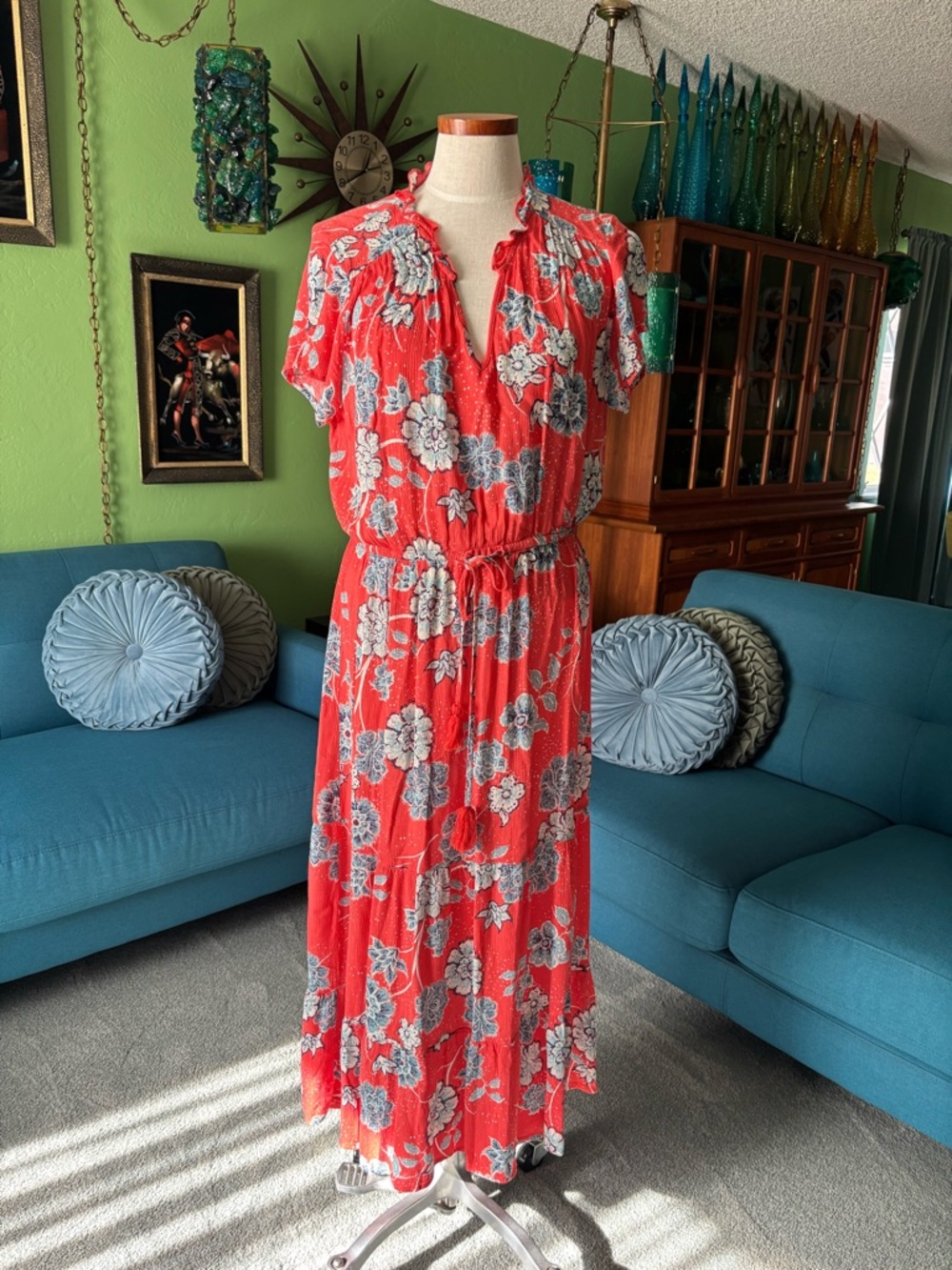 Floral orange Maxi Dress with Smocked Waist